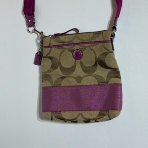 Coach Signature Stripe Crossbody Bag beige and purple